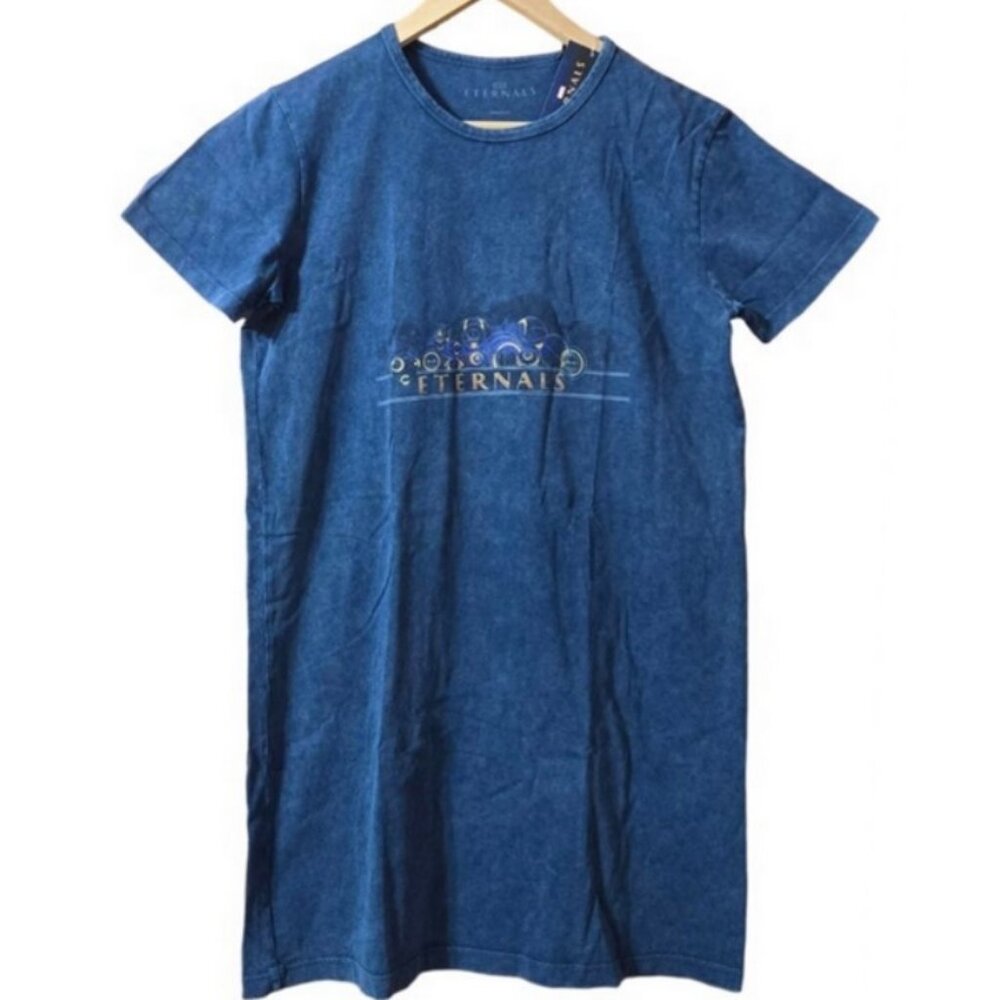 Marvel Eternals Women’s Shirt Dress Size M Blue Acid Wash 100% Cotton Distressed - Picture 2 of 5